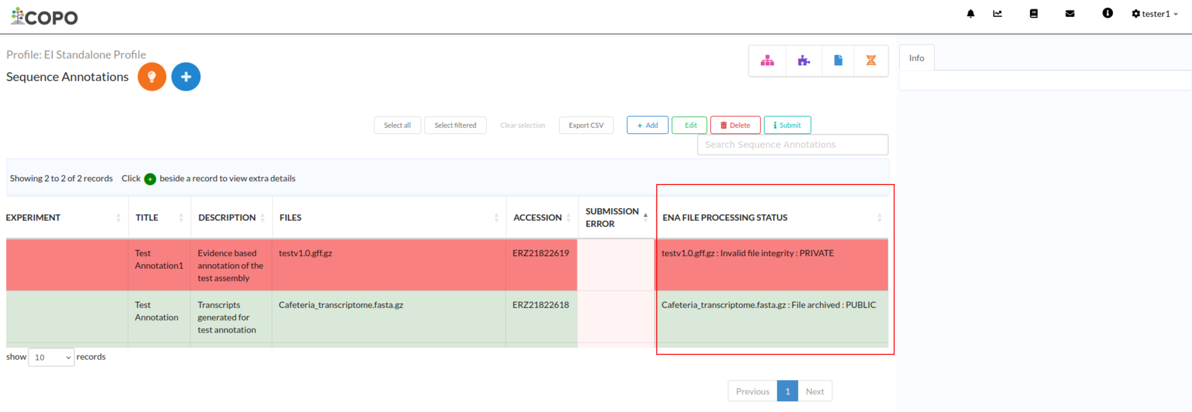ENA (European Nucleotide Archive) File Processing Status column on the reads, annotations or assembly web page